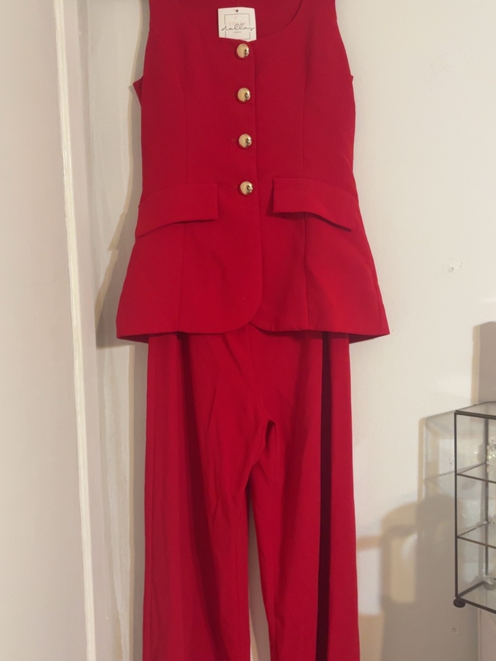 Amanda Uprichard Red Sleeveless Buttoned Vest & Wide-Leg Pants